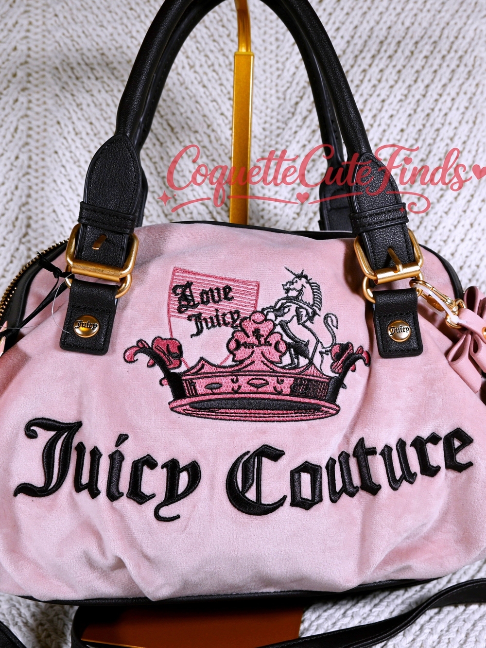Juicy Couture Pink Velvet Satchel with Black Handles & Gold Hardware